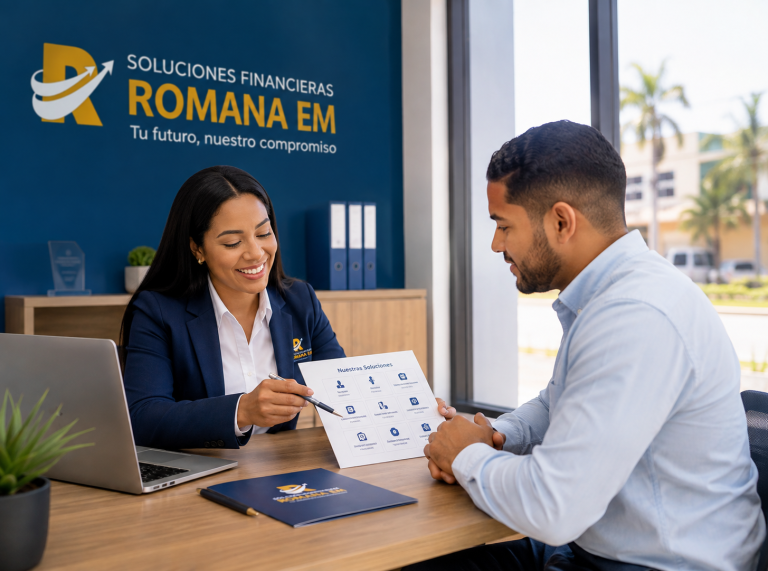 Asesora de Soluciones Financieras Romana EM atendiendo a un cliente