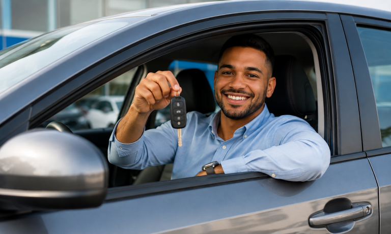 Cliente feliz mostrando las llaves de su vehículo financiado